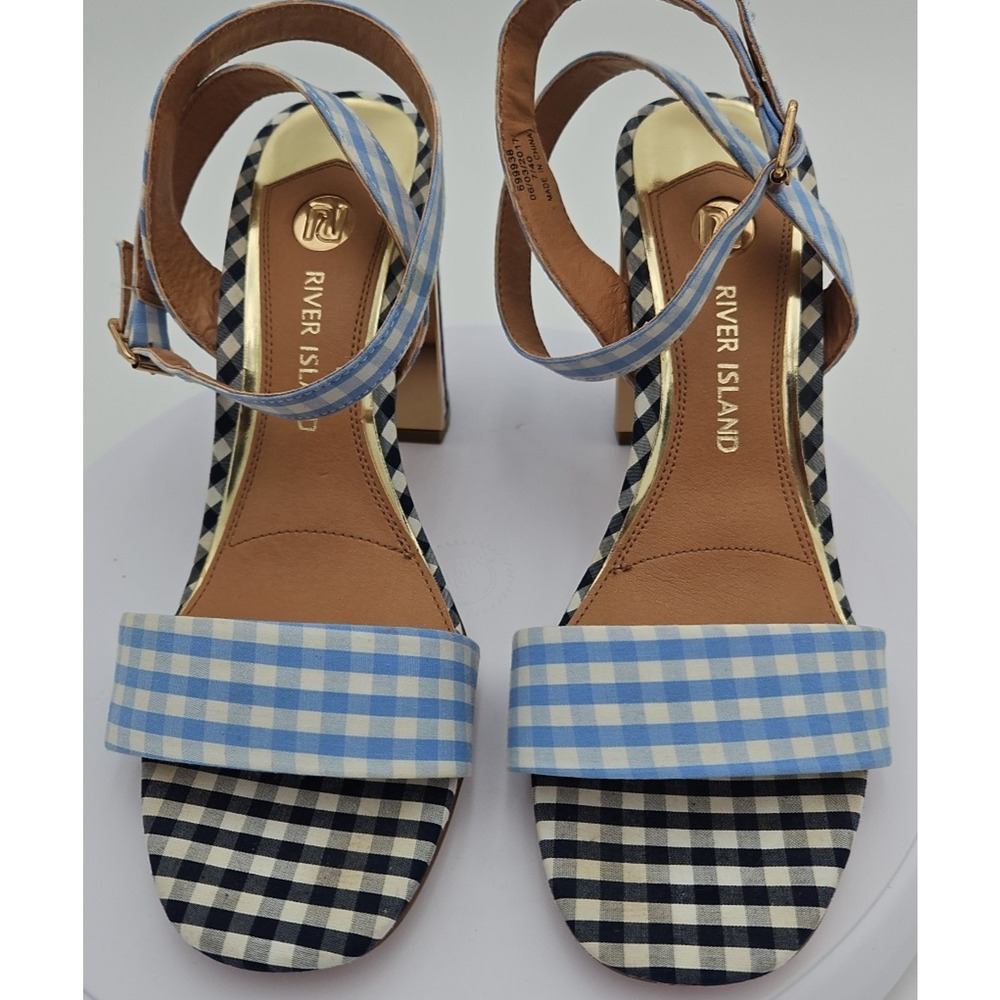 River Island Lt & Dk Blue Gingham Strappy Sandal 4 inch‎ Heels Womens Sz 7 *EUC*